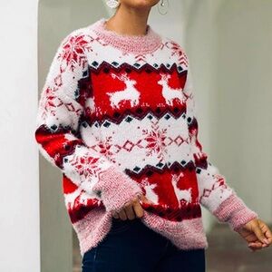 Reindeer & Snowflake Red/White Round Neck Christmas Sweater Size XL Polyester